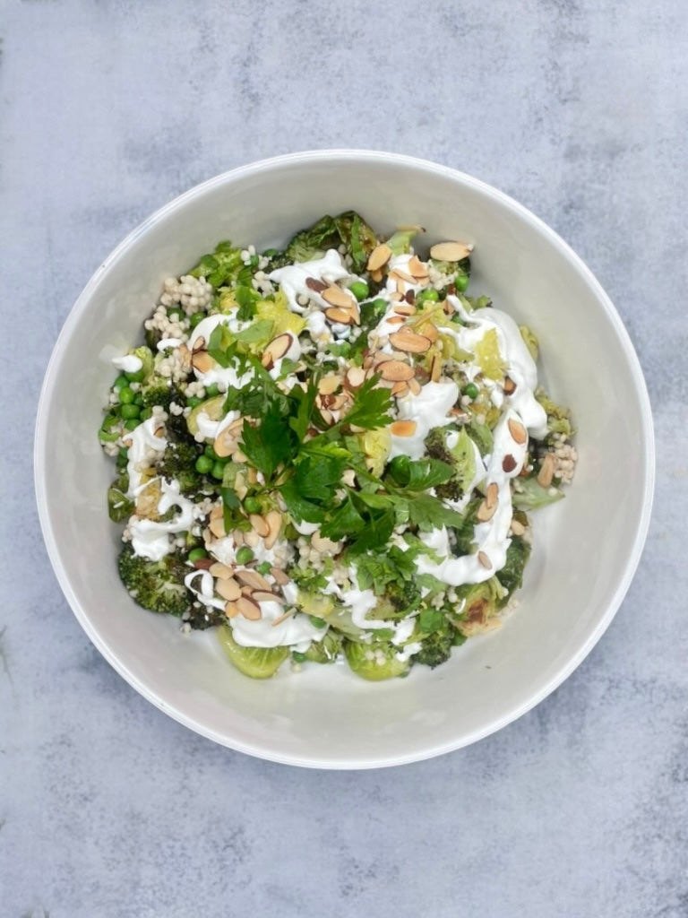 Israeli couscous salad with roasted greens