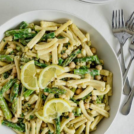 Summer pasta salad with lemon, ricotta, peas, asparagus, penne pasta + parmesan