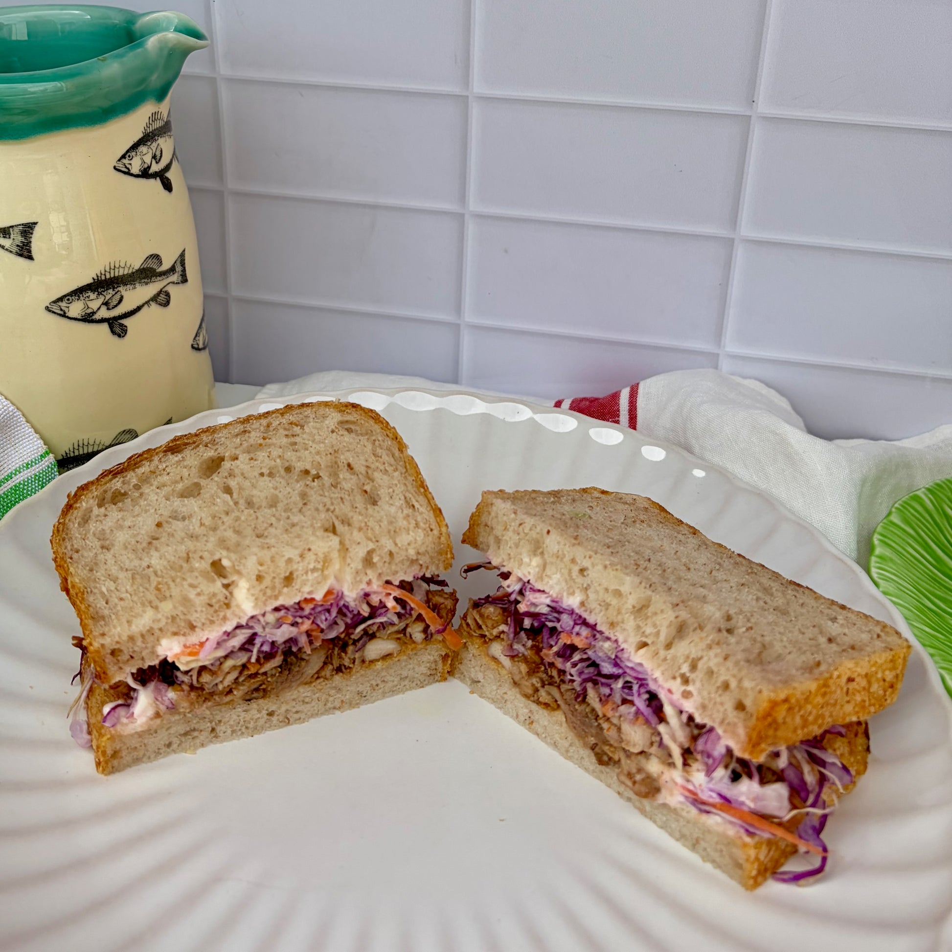 BBQ pulled chicken sandwich with slaw on sourdough