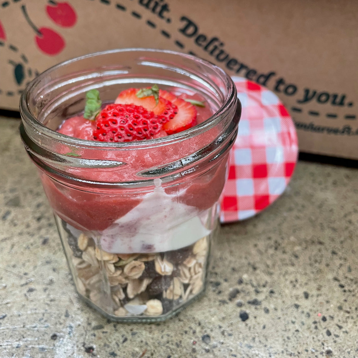 Yoghurt + muesli jar with yoghurt, compot + fresh seasonal fruit