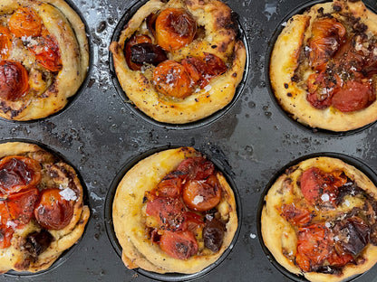 Vegan Scrolls with pesto, capers, olives & tomatoes