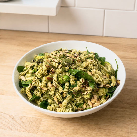 Green pesto spiral pasta salad