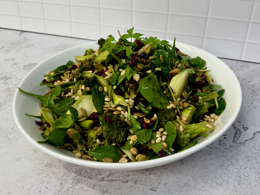 Roasted broccoli cranberry spinach salad