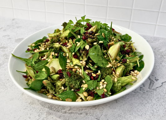 Roasted broccoli cranberry spinach salad